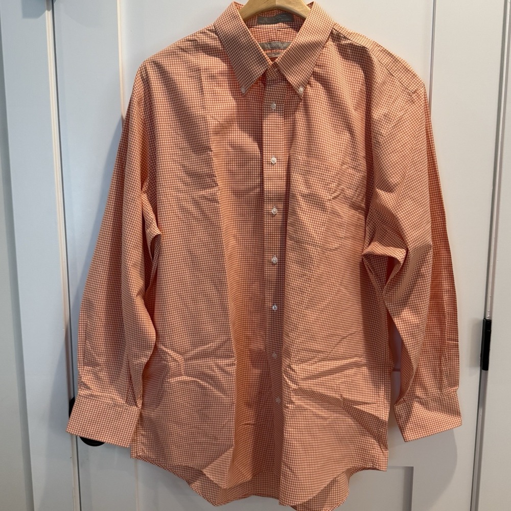 Nordstrom Wrinkle Free Orange Gingham Mens Button Down 100%‎ Cotton 17.5/34